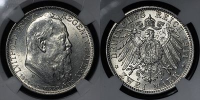 2 марки 1911 D Германия/Бавария 90 лет со дня рождения Луитпольда Баварского DNC MS65. Данный 
