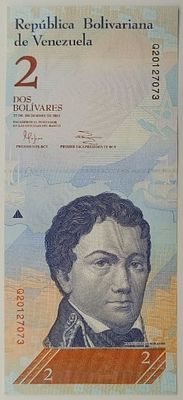 Венесуэла. 2 боливара 2012. Бумага. Серия Q. Кат.# Pick-88е