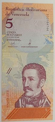 Венесуэла. 5 боливар 2018. Бумага. Серия В. Кат.# Pick-102а