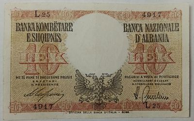 Албания. 10 лек 1940. Серия L25. Бумага. Кат.# Pick.11а