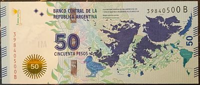 Аргентина. 50 песо 2015. Бумага. Серия В. Сохранность UNC. Кат.# Pick-362а