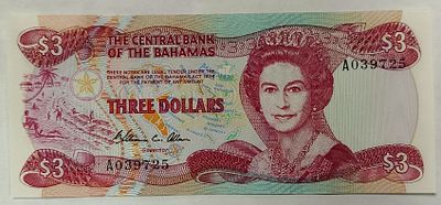Багамские острова. 3 доллара 1984. Бумага. Серия A. Сохранность UNC. Кат.# Pick-44a