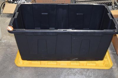 A Heavy-Duty 27-Gallon Black Storage Tote with. Ass