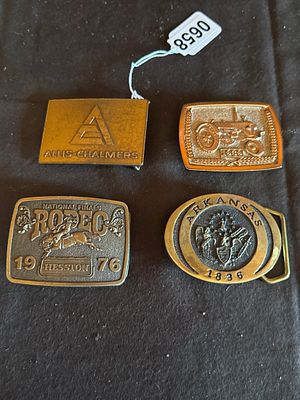 Four Vintage Commemorative and Promotional Brass Toned Belt Buckles. A collection of four 