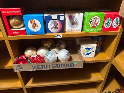 A Collection of Vintage Glass and Plastic Christmas Ornaments, circa 1975-1976. An assortment of 