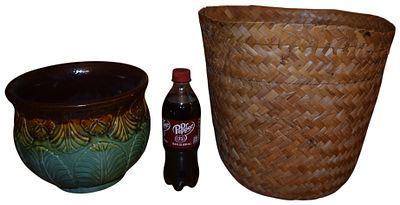 Two Items: A Majolica Style Ceramic Planter and a Woven Fiber Basket. A group of two vessels 