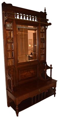 Victorian Style Burled Walnut Hall Tree with Integrated Bench and Mirror. This Victorian style 