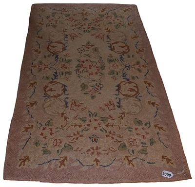 American-Style Floral Wool Hooked Rug. A rectangular wool hooked rug featuring a traditional 