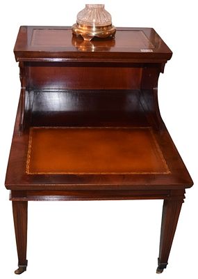 Traditional Mahogany Two-Tier Step Side Table with Tooled Leather Top. A mid-20th-century 