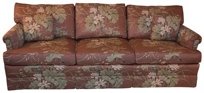 Traditional Floral Print Three-Cushion Sofa Attributed to Ethan Allen. This traditional style 