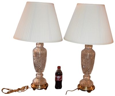 A Pair of Cut Crystal Urn Form Table Lamps with Brass Tone Bases. This pair of table lamps 