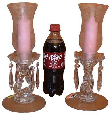 A Pair of Pressed Glass Hurricane Candle Holders with Etched Shades and Prisms. A pair of 