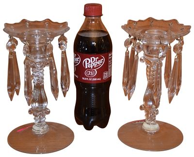 A Pair of Pressed Clear Glass Lustre Candlesticks with Spear Prisms. This lot consists of a pair 