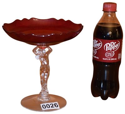 Vintage Ruby Red and Clear Art Glass Figural Nude Stem Compote. A vintage art glass compote or 