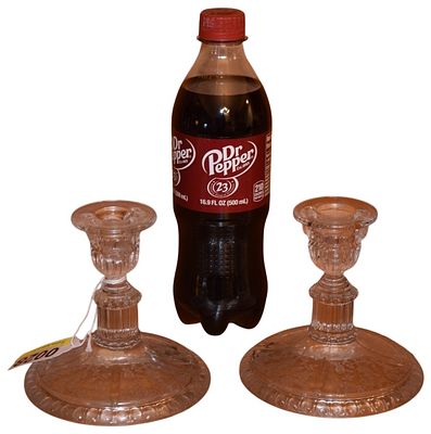 A Pair of American Elegant Clear Glass Candlesticks in the Rose Point Pattern. This pair of 