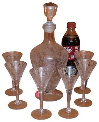 A Seven-Piece Etched Glass Cordial Service Attributed to Fostoria in the Chintz Pattern. This 