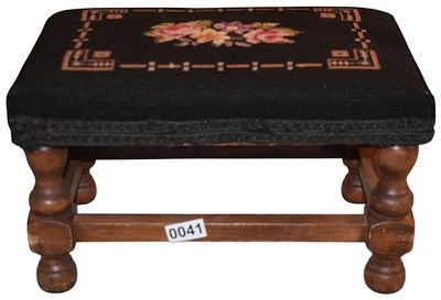 Colonial Revival Stained Hardwood Footstool with Floral Needlepoint Upholstery. A rectangular 