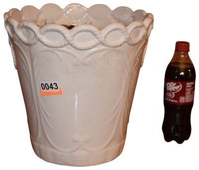White Glazed Ceramic Planter with Scalloped Rope Twist Rim and Relief Decoration. This ceramic 