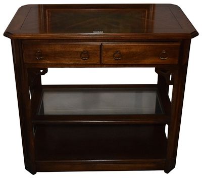 Traditional Regency Style Mahogany Finish Two Drawer Side Table with Glass Inset Shelf. This 