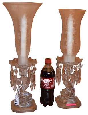 A Pair of Dolphin Form Pressed Glass Hurricane Lamps with Crystal Prisms. This pair of hurricane 