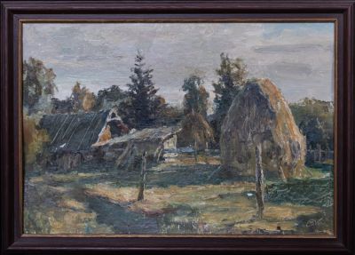 Титов Василий Васильевич, р. 1957 - &laquo;Хутор под Псковом&raquo;. Техника: картон, масло 
Размер без рамы: 