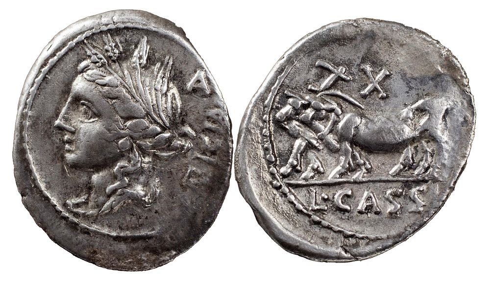 The Roman Republic
L. Cassius Caecianus. Denarius 102, AR 3.77 g. Draped bust of Ceres l. 