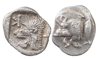 Greek CoinsMysia, Cyzicus. Hemiobol circa 500-490, AR 0.80 g. Forepart of boar l.; behind 