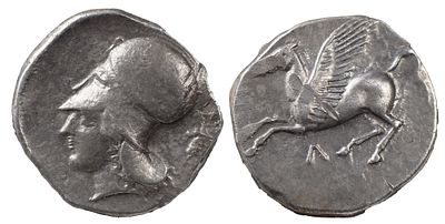 Greek CoinsCORINTHIA. Corinth. Circa 375-300 BC. AR Stater 8.54 g. Pegasos flying left; below 