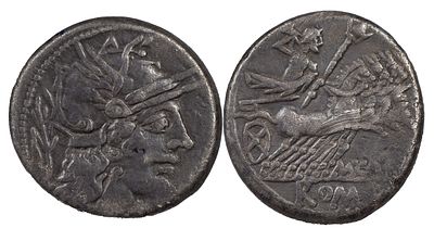 The Roman Republic M. CARBO. 122 BC. AR Denarius 3.86 g. Rome. Helmeted head of Roma right; 