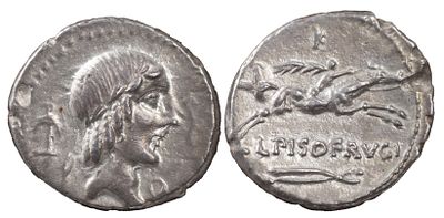 The Roman RepublicL. Calpurnius Piso Frugi, 90 BC. AR Denarius 3.49 g. Rome. Laureate head of 
