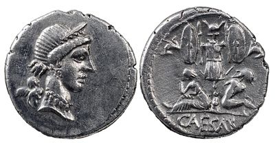 The Roman Republic Julius Caesar, 49-44 BC. AR Denarius 3.65 g. Military mint moving with 