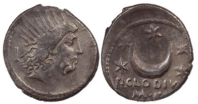 The Roman Republic P. Clodius M.f. Turrinus, 42 BC. AR Denarius 3.83 g. Rome. Radiate head of 
