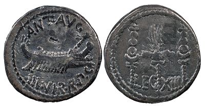 The Roman Republic Mark Antony, 44-30 BC. AR Denarius 2.77 g. Military mint moving with Mark 
