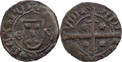 PortugalD. Jo&atilde;o I (1385-1433)Dinheiro &Eacute;vora E-V CopperAG: 31.01 0.72 gAbout XF