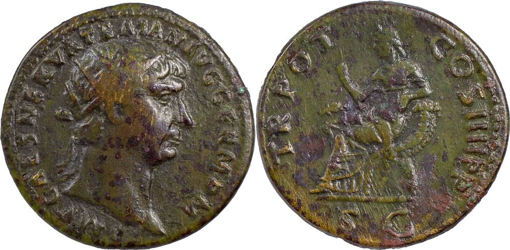 The Roman Empire
Trajan, 98-117. AE Dupondius 12.86 g. Rome, 101-102. IMP CAES NERVA TRAIAN AVG 
