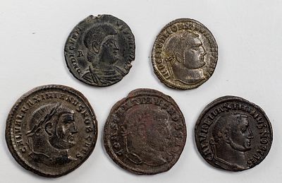 Lots Ancient CoinsLot of 5 late roman empire coins.Fine to XF.
