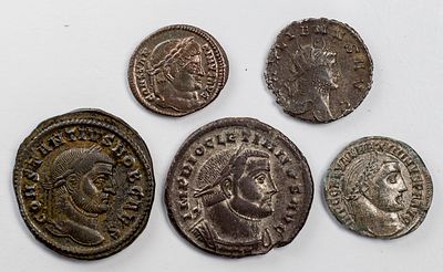Lots Ancient CoinsLot of 5 late roman empire coins.Fine to XF.