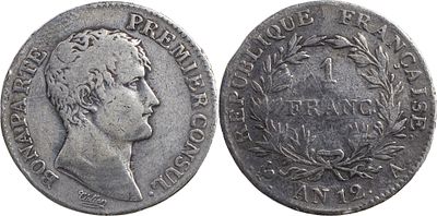 World CoinsFrance First Republic AN 12 (1802) A 1 Franc - Napoleon Bonaparte Silver (.900)
