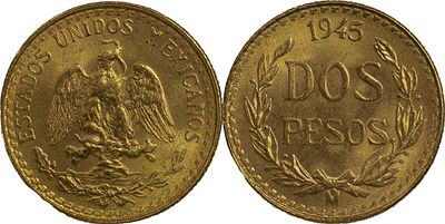World CoinsMEXICO, Estados Unidos Mexicanos. 1905-present. 2 Pesos 1945 M 1.68 .g Ciudad de