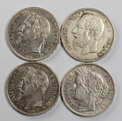 Lots World Coins Lot of 4 coins of 5 francs Silver Belgium Fine to XF.