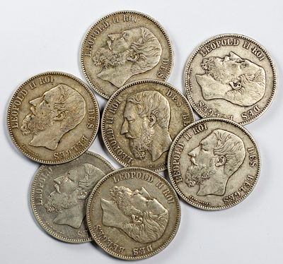 Lots World CoinsLot of 7 coins of 5 francs Silver BelgiumFine to XF.