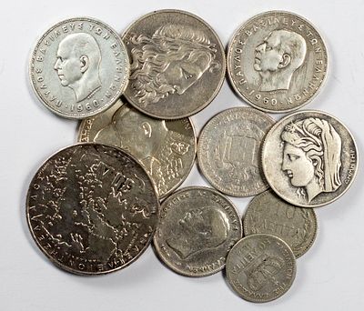Lots World CoinsLot of 10 silver coins, various countries.Fine to XF.