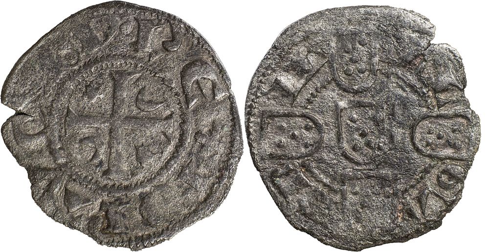 Portugal 
D. Dinis I (1279-1325) 
Dinheiro Bolh&atilde;o 
Com letra de torn&ecirc;s 
Alta 
