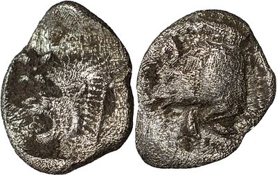 Greek Coins MYSIA. Kyzikos. Circa 450-400 BC. AR Obol 0.31 g. Forepart of boar to left; on 