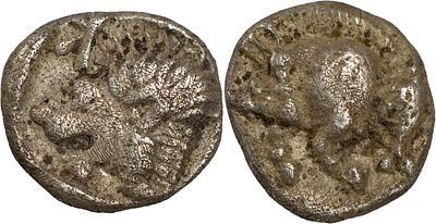 Greek Coins MYSIA. Kyzikos. Circa 450-400 BC. AR Obol 0.80 g. Forepart of a boar to left; to 