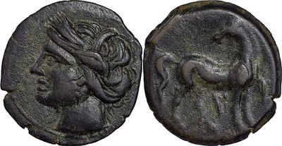Greek CoinsCARTHAGE. Second Punic War. Circa 215-201 BC. AE Shekel 4.60 g. Head of Tanit to 