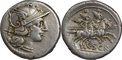 The Roman Republic C. Scribonius, 154 BC. AR Denarius 3.90 g. Rome. Head of Roma to right 