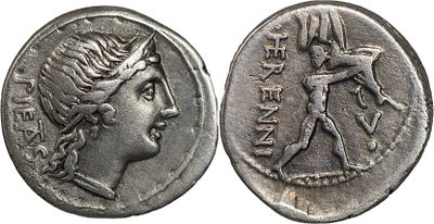 The Roman Republic M. Herennius, 108-107 BC. AR Denarius 3.81 g. Rome. PIE TA S Head of Pietas 
