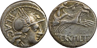 The Roman Republic L. Rutilius Flaccus, 77 BC. AR Denarius 3.90 g. Rome. FLAC Helmeted head of 
