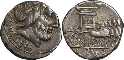The Roman Republic L. Rubrius Dossenus, 87 BC. AR Denarius 4.20 g. DOSSEN Laureate head of 